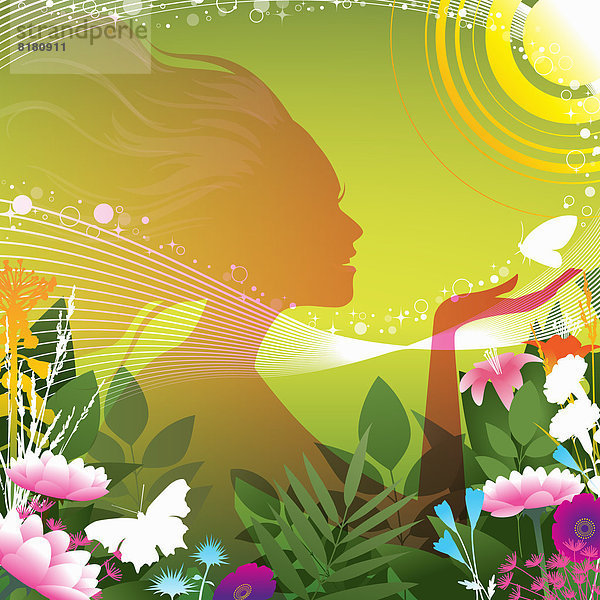 Silhouette einer glücklichen Frau mit Schmetterling in Blumenwiese