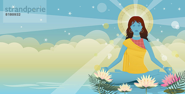 Sonnenstrahlen und Lotusblumen umgeben meditierende Frau im Lotussitz