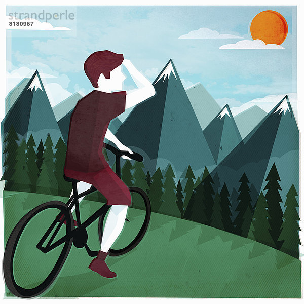 vor Berg Mann sehen über jung Fahrrad Rad Sonne