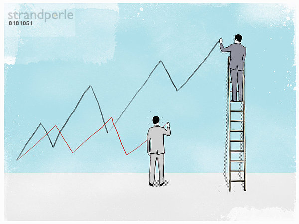 hoch oben niedrig Geschäftsmann Leiter Leitern Boden Fußboden Fußböden Zeichnung Graph Linie
