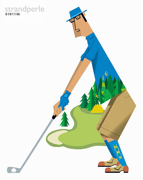 Golfer beim Abschlag mit abgebildetem Golfplatz auf seinem Hemd
