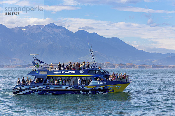 Ein Whale-Watch-Boot vor Kaikoura und der Kaikoura Range mit dem Mt. Saunders  2146m