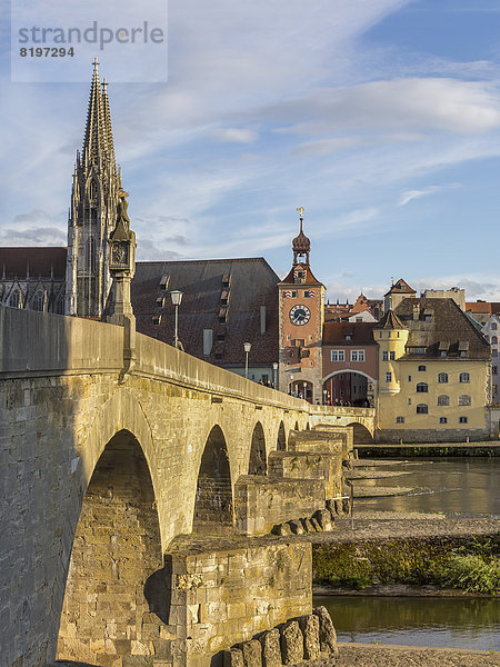 Deutschland  Bayern  Regensburg  Blick auf Regensburger Dom und Steinbrücke