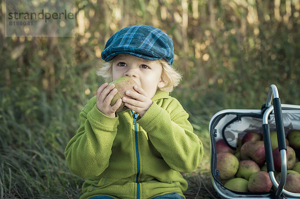Junge isst Apfel  schaut weg.