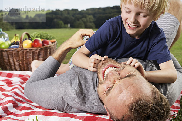Germany  Cologne  Father and son playing around on picnic blanket