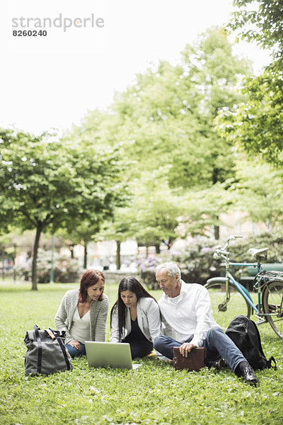 Geschäftskollegen mit Laptop beim Entspannen auf Rasen im Park