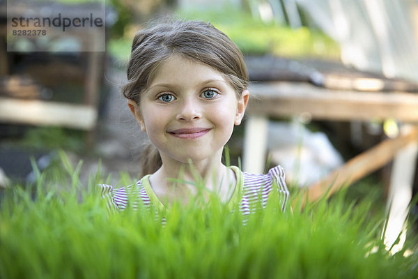 Auf der Farm. Ein Mädchen steht lächelnd an einer Gewächshausbank und schaut über die grünen Triebe von Sämlingen  die in Schalen wachsen.