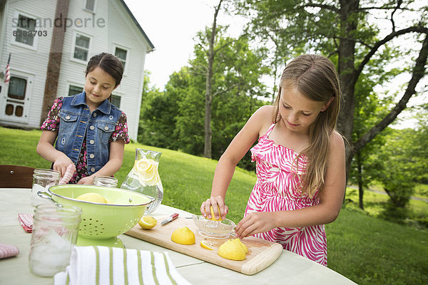 Eine Sommer-Familienzusammenkunft auf einem Bauernhof. Zwei Mädchen arbeiten zusammen und machen selbstgemachte Limonade.