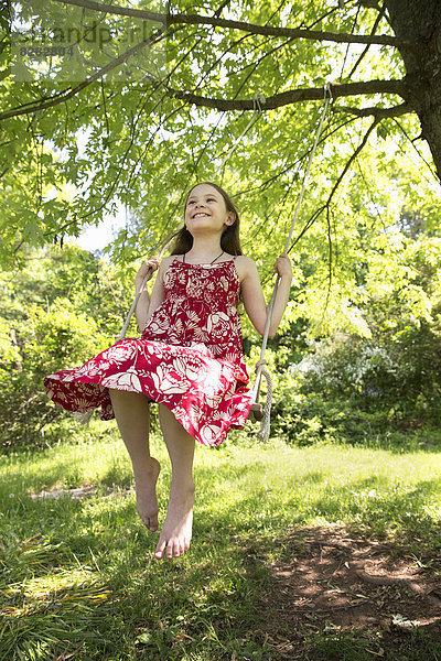 Sommer. Ein Mädchen in einem Sonnenkleid auf einer Schaukel  die vom Ast eines blattreichen Baumes schwingt.