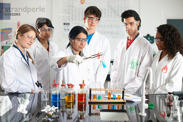 Chemielehrer und Studenten beim Experimentieren