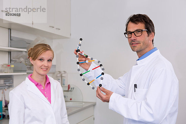 Porträt zweier Wissenschaftler mit DNA-Molekularmodell