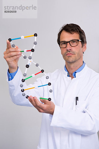 Porträt eines Wissenschaftlers mit DNA-Molekularmodell