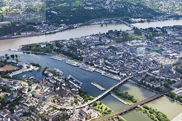 Germany  Rhineland-Palatinate  confluence of River Rhine and Moselle at Koblenz  aerial photo