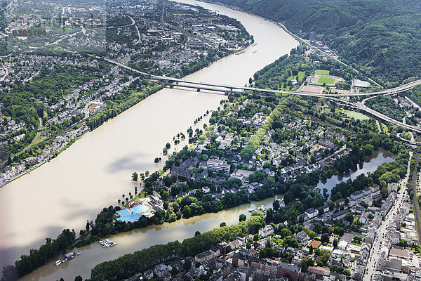 Deutschland  Rheinland-Pfalz  Rheinhochwasser bei Koblenz Oberwerth  Luftbild