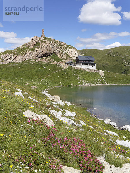 Austria  Carinthia  Carnic Alps  Lake Wolay with hut and war memorial