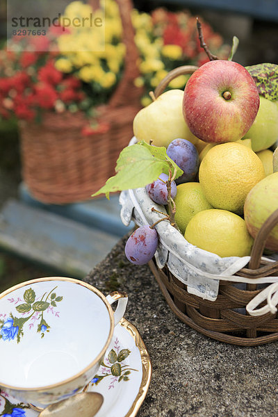 Germany  Bavaria  baskets with fresh fruits and flowers and a tea cup
