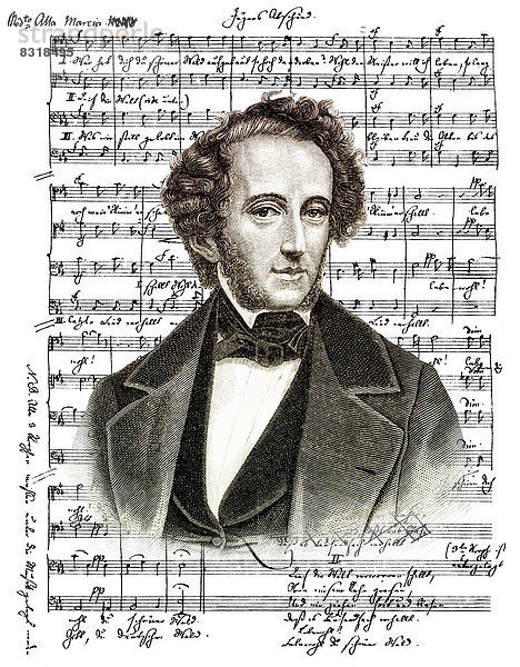 Historische Noten-Handschrift von Jakob Ludwig Felix Mendelssohn Bartholdy  1809 - 1847  ein deutscher Komponist  Pianist und Organist