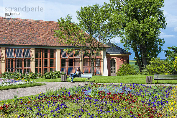 Schloss Belvedere  UNESCO Weltkulturerbe  Orangerie und Park im Frühling  vorn Blumenbeete