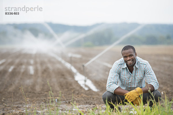 Eine biologische Gemüsefarm mit Wassersprinklern zur Bewässerung der Felder. Ein Mann in Arbeitskleidung.