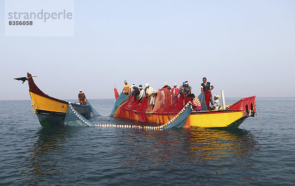Einheimische Fischer ziehen ihr Netz an Bord  Varkala  Kerala  Indien
