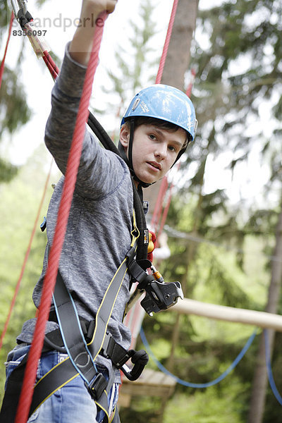 Junge klettert angeseilt in einem Kletterpark  Region Karlsbad  Böhmen  Tschechien