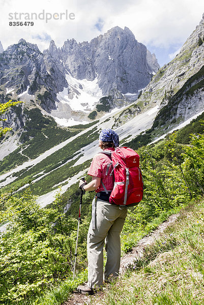 Wanderin auf dem Wilder-Kaiser-Steig betrachtet den Wilden Kaiser  Kaisergebirge  bei Ellmau  Tirol  Österreich