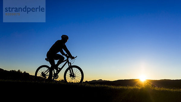Deutschland  Winterbach  Radfahrer auf dem Mountainbike bei Sonnenuntergang