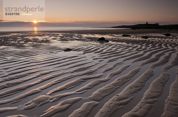 nahe  Europa  Palast  Schloß  Schlösser  Großbritannien  Sonnenaufgang  Sand  gewellt  Bucht  England  Northumberland