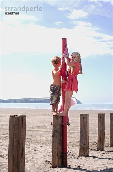 Bruder und Schwester stehen auf der Buhne am Strand  Wales  UK