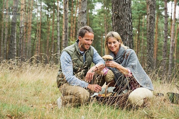 Mittleres erwachsenes Paar auf der Suche nach Pilzen im Wald
