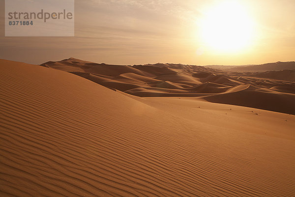 Abu Dhabi  Hauptstadt  Vereinigte Arabische Emirate  VAE  Sonnenuntergang  über  Sand  Düne  Oase