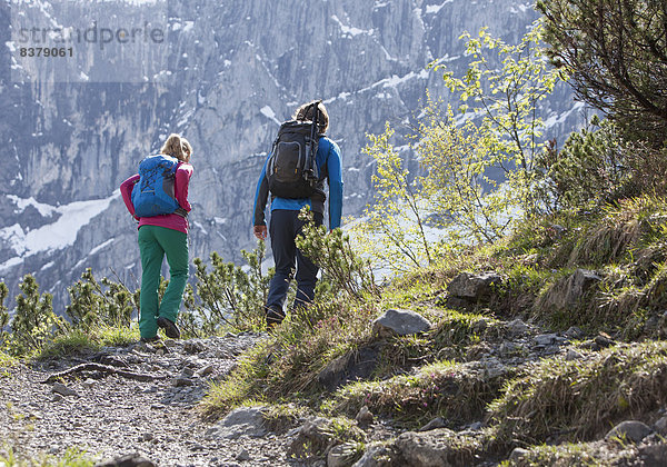 Junges Paar beim Wandern im Hochgebirge  von hinten