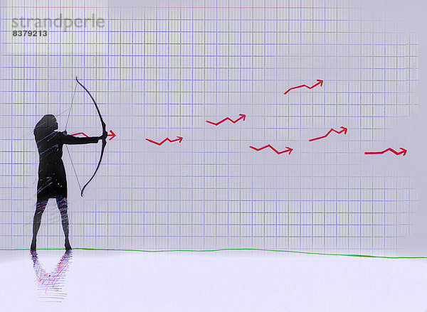 Geschäftsfrau schießt krumme Pfeile auf ein Diagramm