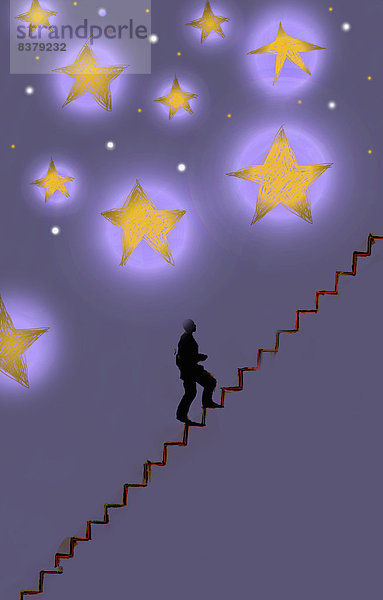 Geschäftsmann steigt auf einer Treppe Richtung Sterne