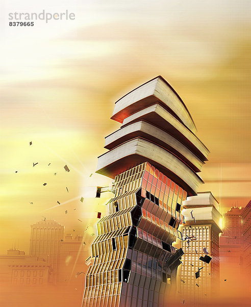 Wolkenkratzer bricht unter Bücherstapel zusammen