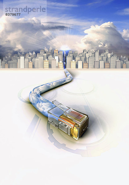 USB-Kabel mit Himmel und Wolken verbunden mit einer Stadt