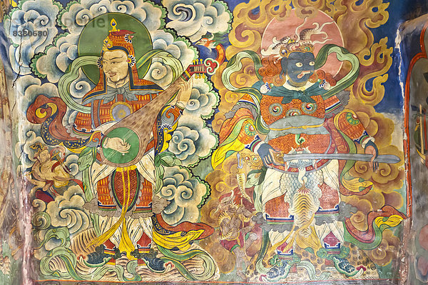 Musiker und Dämon  Wandmalerei am Eingang des Tashi Chöling Gompa  tibetischer Buddhismus  Gieling  Oberes Mustang  Lo  Nepal