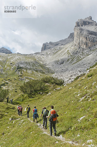 Wanderer auf einem Pfad  Brenta-Überschreitung am Passo della Gaiarda  Berg Cima Gaiarda  Brenta-Gebirge  near Molveno  Provinz Südtirol  Trentino-Südtirol  Italien