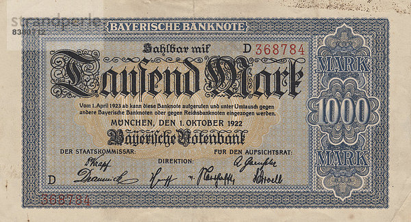 Alter Geldschein  1000 Mark  Vorderseite  Bayerische Notenbank 1922