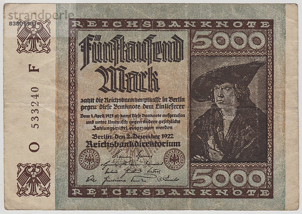 Alter Geldschein  5000 Mark  Vorderseite  Reichsbanknote 1922