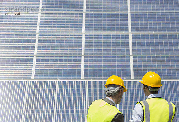 Arbeiter untersuchen Solarmodule in ländlicher Landschaft