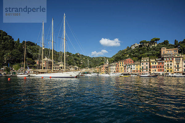 Boote und Dorf mit bunten Häusern an der Küste  Portofino  Provinz Genua  Ligurien  Italien