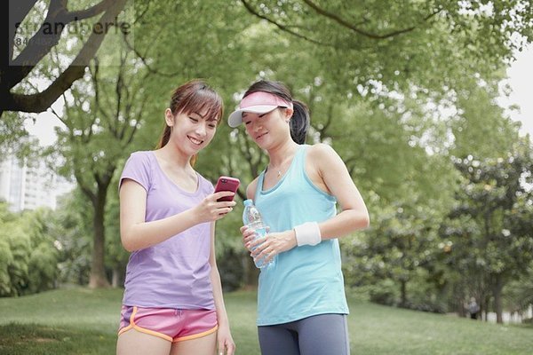 Weibliche Freunde beim Blick auf das Handy im Park