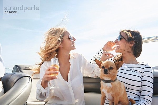 Junge Frauen auf dem Boot mit Wein