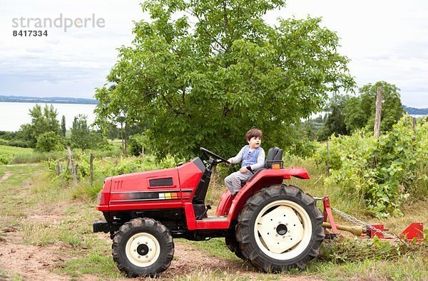 Männliches Kleinkind  das vorgibt  Gartentraktor zu fahren.