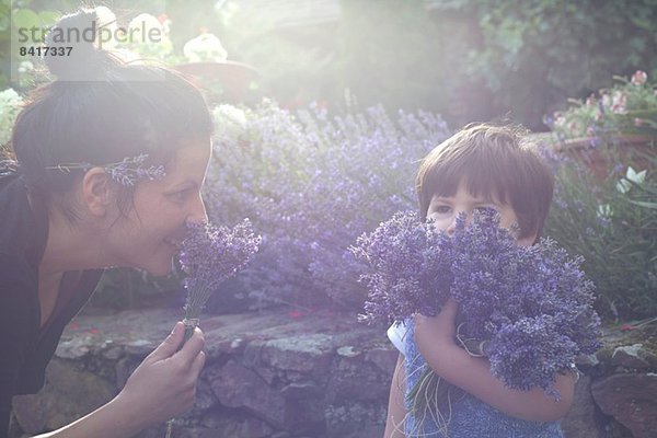 Mutter und Kleinkind Sohn riechenden Bund von Lavendel