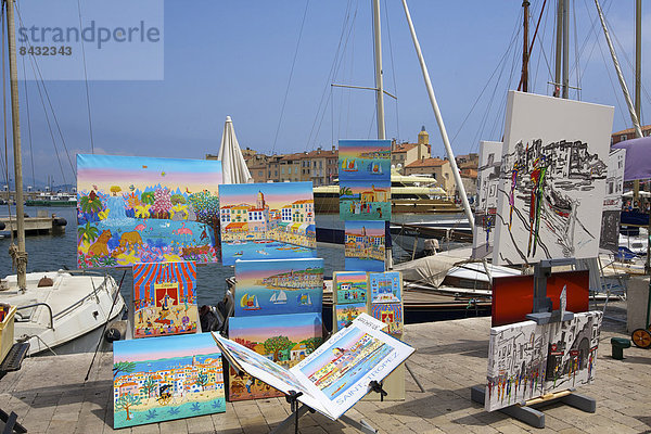 Außenaufnahme  Hafen  Frankreich  Europa  Tag  Boot  Kunst  Gemälde  Bild  Motorboot  Cote d Azur  Saint Tropez  Geschicklichkeit