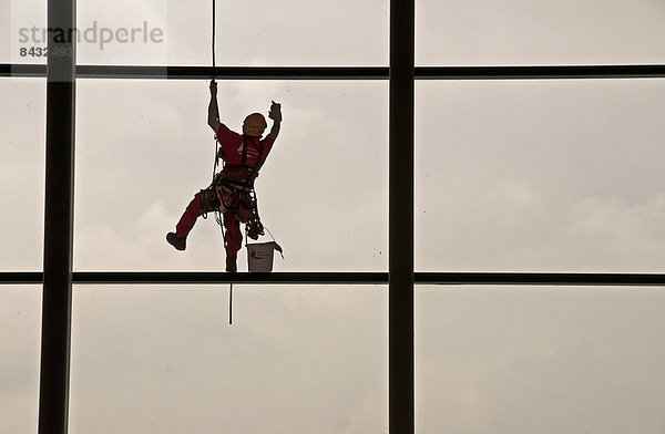Europa  Mann  arbeiten  Fenster  Silhouette  Beruf  Mensch  sauber  Werbung  Fassade  Kunststück  Fensterscheibe  Köln  Deutschland  Nordrhein-Westfalen