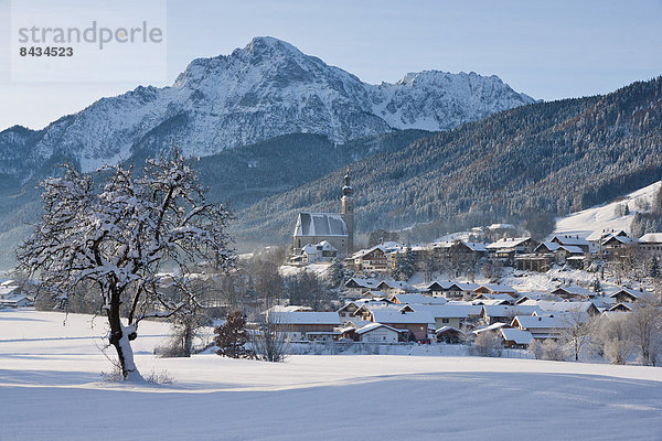 Kälte Glatze kahl Europa Winter Baum Gebäude Vertrauen Kirche Religion Dorf Kirchturm Wiese Bayern Deutschland Schnee Oberbayern