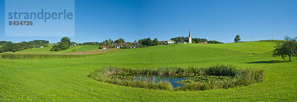 blauer Himmel  wolkenloser Himmel  wolkenlos  Landschaftlich schön  landschaftlich reizvoll  Wasser  Europa  Himmel  Landschaft  Teich  See  Feld  Bayern  Chiemgau  Deutschland  Oberbayern